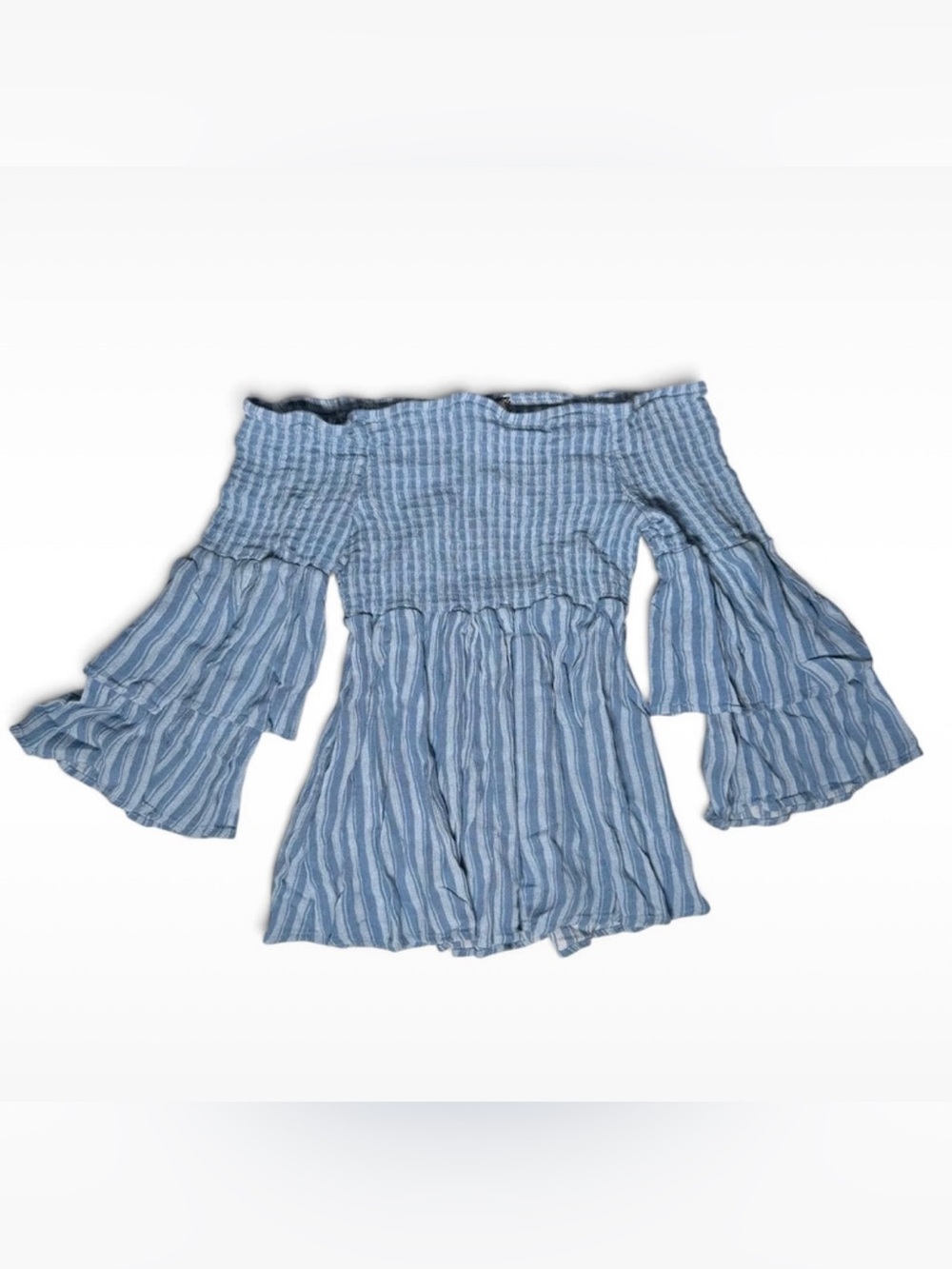 Crave Fame Blue & White Striped Off-the-Shoulder Smocked Bell Sleeve Top- Small